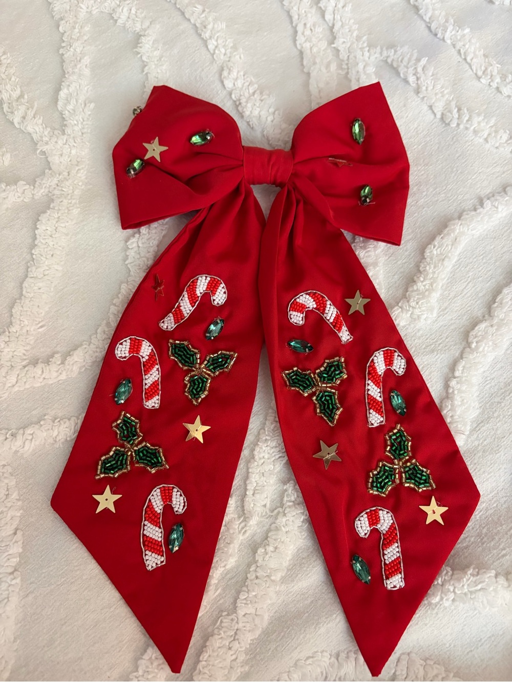 Red Beaded Holiday Candy Cane Bow